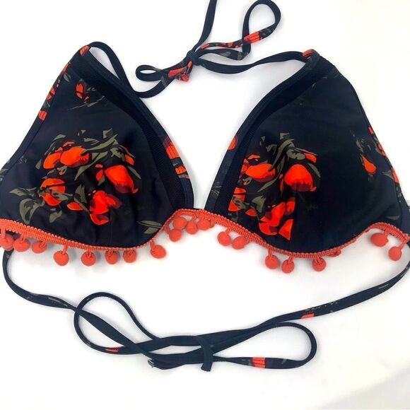 Cocoship Black Red Floral PomPom Trim High Waisted String Bikini - Picture 4 of 15